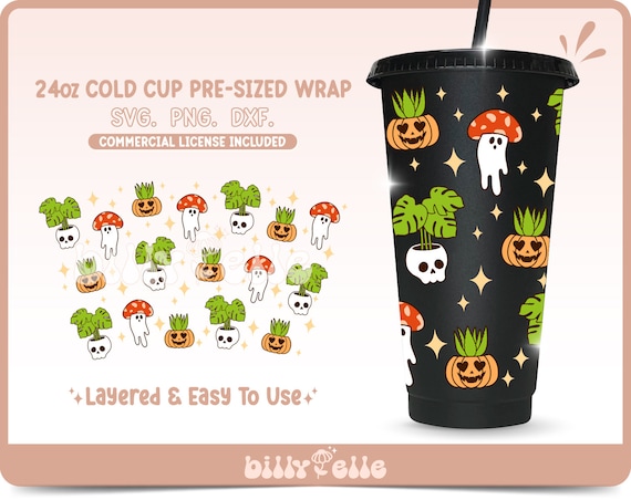 Spooky Plants 24oz Tumbler Halloween Wrap SVG - Mushroom Ghost Digital PNG Cricut Silhouette Files - Monstera 24oz Cold Cup - Pumpkin SVG