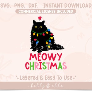 Meowy Christmas SVG - Design de feriados - Arquivo de adesivos estéticos para Cricut Silhouette - Arquivos PNG de Natal de gato - Sublimação de férias PNG