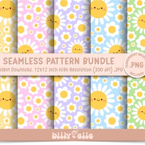 Könnte beinhalten: Ein Set mit sechs nahtlosen digitalen Papiermustern mit einer fröhlichen Gänseblümchen mit einem lächelnden Gesicht. Die Muster sind in Gelb, Rosa, Lila, Blau und Grün. Jedes Muster ist 30,5 cm x 30,5 cm groß und hat 300 dpi. Die Muster sind als JPG- und PNG-Dateien verfügbar.