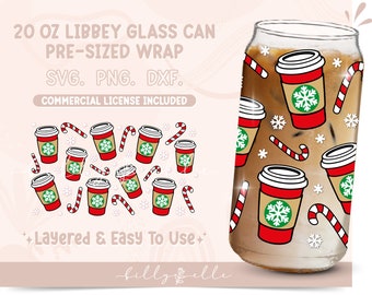 Christmas Coffe Cup 20oz Libbey Glass Can Wrap - Holidays PNG Digital Download SVG Cricut - Silhouette - Hot Chocolate Beer Glass Template