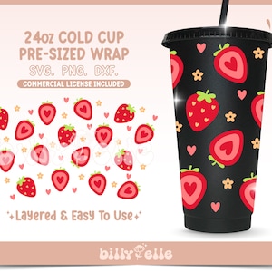 Saint-Valentin Strawberry Hearts 24oz Tumbler Wrap SVG - Love Digital PNG Cricut Silhouette Files - Saint-Valentin fraise 24oz Cup wrap
