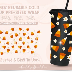 May include: A black reusable cold cup with a pre-sized wrap featuring a pattern of orange and white candy corn and white flowers. The text "24OZ REUSABLE COLD CUP PRE-SIZED WRAP SVG. PNG. DXF. COMMERCIAL LICENSE INCLUDED" is at the top of the image. The text "Layered & Easy To Use" is at the bottom of the image.