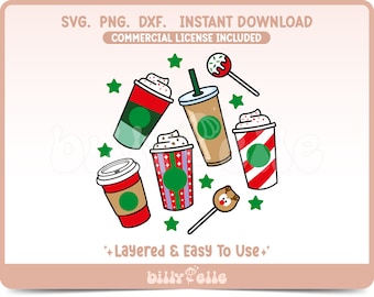 Puede incluir: Un conjunto de seis archivos de corte digital que presentan tazas de café con temática navideña festiva con rayas verdes y rojas, crema batida y un logotipo verde de Starbucks. El conjunto también incluye una piruleta de bastón de caramelo rojo y blanco y una piruleta de reno rojo y blanco. El texto "Layered & Easy To Use" está incluido en la imagen.