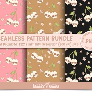 Puede incluir: Un paquete de patrones sin costuras con diseños de cerezas con caras de calaveras y huesos en forma de corazón, sobre fondos rosas, marrones y negros. Los patrones incluyen pequeñas flores blancas. El texto dice "SEAMLESS PATTERN BUNDLE" y "Instant Download. 12x12 inch High Resolution (300 dpi) .JPG".