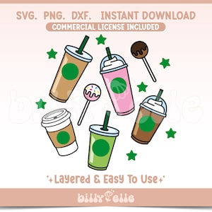 May include: A set of five digital clipart images featuring a variety of coffee drinks, including iced coffee, frappuccino, and a latte, along with a chocolate-covered lollipop and stars. The text "Layered & Easy To Use" and "billy Pelle" are also included in the image.