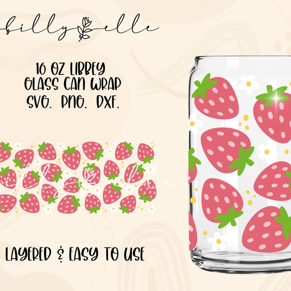 Strawberries Pattern Libbey Glass Can Wrap - Fruit - Digital Download SVG Files For Cricut - Strawberry Wrap Template - 16oz Libbey Template