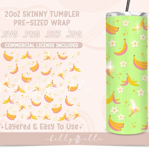 Bananen 20oz Skinny Tumbler - Süße Blumen Digital Download SVG Cricut - Silhouette - Früchte retro Sublimation Wrap - Tumbler PNG Wrap