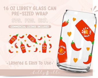 Hot Stuff Chili Sauce 16oz Libbey Glass Can Wrap - Corazones Sriracha patrón PNG Descarga digital SVG Cricut - Silueta - Love Beer Glass