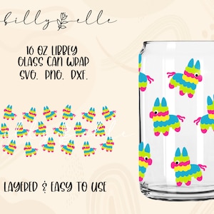 May include: A digital design for a 16 ounce Libbey glass can wrap featuring a repeating pattern of colorful pinata-shaped figures. The design is layered and easy to use. The text "16 oz Libbey Glass Can Wrap SVG. PNG. DXF. LAYERED & EASY TO USE" is included in the image.