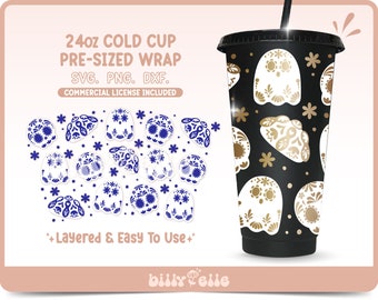 Dia de muertos Talavera 24oz Tumbler Wrap SVG - Mexican Calaverita Digital PNG Cricut Silhouette Files - Mexican Art 24oz Cold Cup SVG