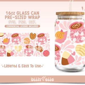 Cantarito rosa y pan dulce 16oz Libbey Glass Can Wrap SVG- Jarrito de Café Mexicano - Descarga Digital archivos SVG Cricut - Conchas Mexicanas