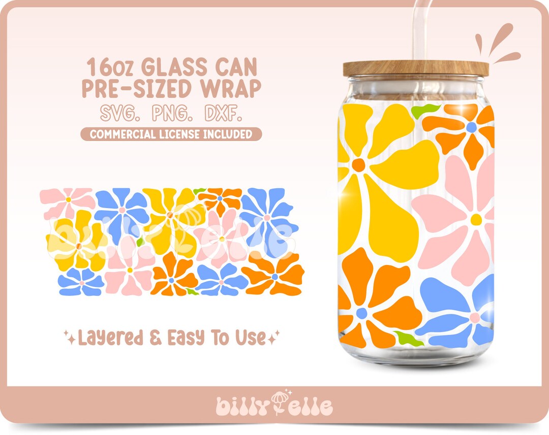 Abstract Flowers 16oz Libbey Glass Can Wrap SVG- Abstract Groovy ...