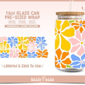 Flores abstractas 16oz Libbey Glass Can Wrap SVG- Flores maravillosas abstractas - Descarga digital archivos SVG Cricut - Lata de primavera del día de las madres florales