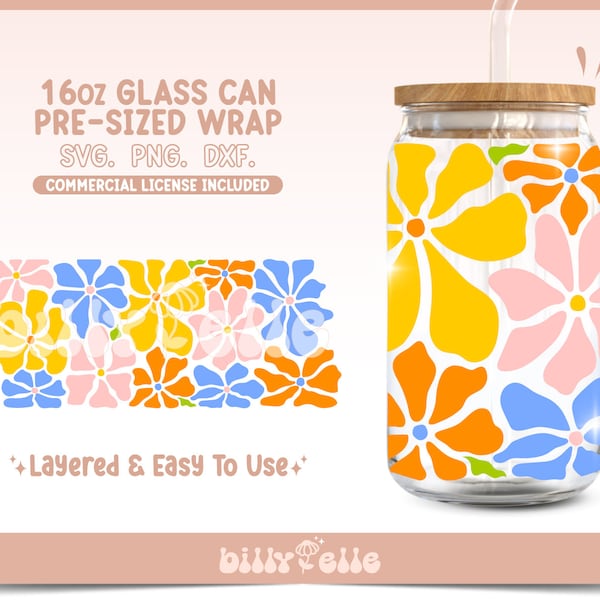 Abstract Flowers 16oz Libbey Glass Can Wrap SVG- Abstract groovy flowers - Digital Download SVG Cricut files - Floral mothers day spring can