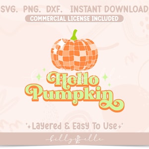 Hello Pumpkin Disco Ball SVG - Halloween Design - Silhouette Sticker - Thanksgiving Stickers file for Cricut - Retro Glam Spooky Season SVG