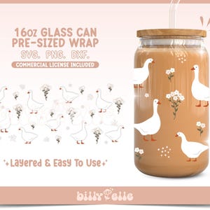 May include: A digital download of a 16oz glass can wrap design featuring a pattern of white geese and white flowers on a brown background. The text "16oz GLASS CAN PRE-SIZED WRAP SVG. PNG. DXF. COMMERCIAL LICENSE INCLUDED" is at the top of the image. The text "Layered & Easy To Use" is at the bottom of the image.