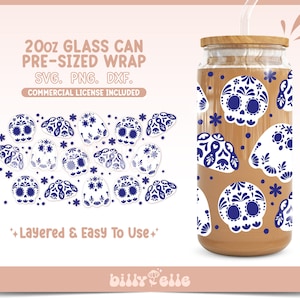 Dia de Muertos Talavera 20oz Libbey Glass Can Wrap - Arte Mexicano - Descarga Digital Archivos SVG para Cricut - Pan de Muerto talavera