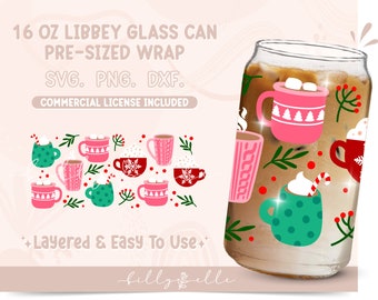 Christmas Mugs 16oz Libbey Glass Can Wrap - Holidays PNG Digital Download SVG Cricut - Silhouette - Hot Chocolate Beer Glass Template
