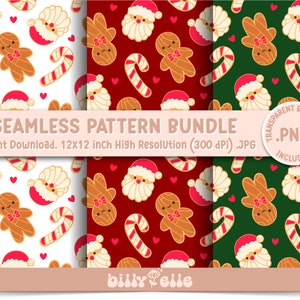 May include: A set of three seamless Christmas patterns featuring gingerbread men, Santa Claus, candy canes, and hearts. The patterns are in red, white, and green.