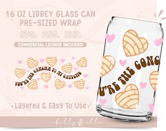 Concha Hearts 16oz Libbey Glass Can Wrap - Valentine's Day Pan Dulce PNG Digital Download SVG Cricut - Cafecito Pan Dulce Love Beer Glass