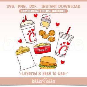 Paquete de nuggets de pollo SVG en capas - Descarga digital de macarrones con queso de comida rápida SVG Cricut - Silhouette - Pegatinas de batidos - Papas fritas SVG
