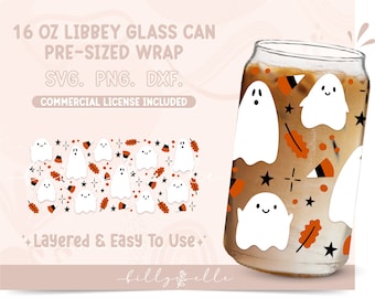 Cute Ghosts 16oz Libbey Glass Can Wrap - Halloween SVG Digital Download SVG Cricut - Silhouette - Candy Corn Pattern Beer Glass Can Template