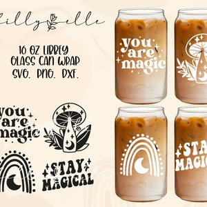 May include: Four 16 ounce glass can wraps with different designs. The designs include a mushroom with stars, a rainbow with a crescent moon, and the text "you are magic" and "stay magical".