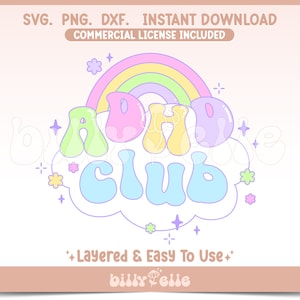 May include: A pastel rainbow with a cloud and the text "ADHD club" in colorful bubble letters. The design includes small stars and flowers.