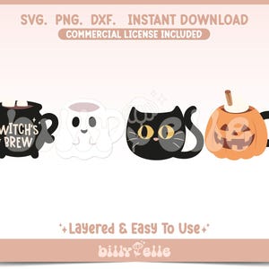 Cute Halloween Mugs PNG - Easy Halloween Layered Cricut Files - Pumpkin Ghost Mug Sticker Spooky SVG - Cute ghost mug - black cat