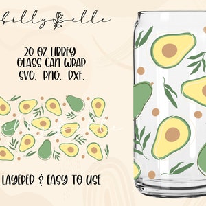 Avocado Pattern Libbey Glass Can Wrap - Boho Foglie di avocado - Scarica digitalmente i file SVG per Cricut - Boho Wrap Template - 20oz Template