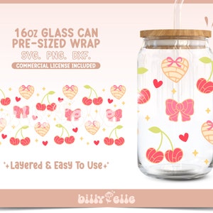 May include: A digital design for a 16oz glass can wrap featuring a pattern of pink bows, cherries, and hearts. The text "16oz GLASS CAN PRE-SIZED WRAP SVG. PNG. DXF. COMMERCIAL LICENSE INCLUDED" is at the top of the image. The text "*+Layered & Easy To Use+*" is at the bottom of the image.