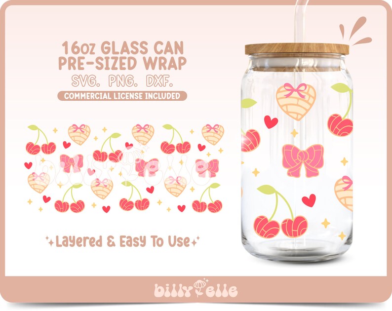 May include: A digital design for a 16oz glass can wrap featuring a pattern of pink bows, cherries, and hearts. The text "16oz GLASS CAN PRE-SIZED WRAP SVG. PNG. DXF. COMMERCIAL LICENSE INCLUDED" is at the top of the image. The text "*+Layered & Easy To Use+*" is at the bottom of the image.