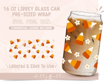 Candy Corn 16oz Libbey Glass Can Wrap - Halloween SVG Digital Download SVG Cricut - Silhouette - Retro Flower Pattern Beer Glass Template
