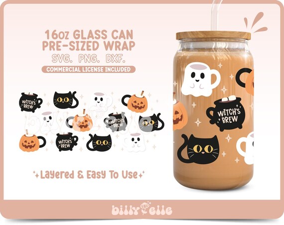 Cute Halloween Mug 16oz Libbey Glass Can Wrap SVG - Cute Pumpkin - Digital Download SVG Ghost Halloween Autumn template - Witch's Brew