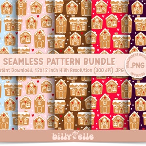 Könnte beinhalten: Ein nahtloses Musterpaket mit Lebkuchenhäusern mit weißem Zuckerguss und roten Herzakzenten auf verschiedenen Hintergründen, darunter Blau, Rosa, Rot, Braun und Lila. Der Text "SEAMLESS PATTERN BUNDLE" ist zu sehen. Eine transparente .PNG-Datei ist enthalten.