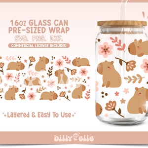 Capybara floral 16oz Libbey Glass Can Wrap - Girly Pattern Flowers - Téléchargement numérique Fichiers SVG pour Cricut - Baby Pink Capybara