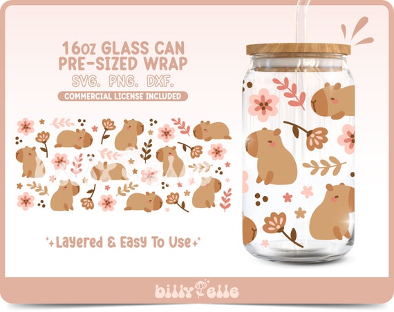Floral Capybara 16oz Libbey Glass Can Wrap - Girly Pattern Flowers - Digital Download SVG Files For Cricut - Baby Pink Capybara