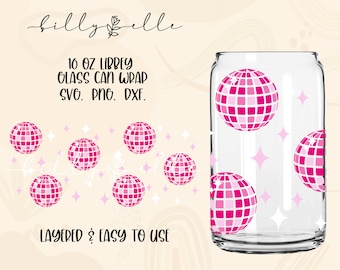 May include: Pink and white layered design for a 16 ounce Libbey glass can wrap. The design features a disco ball pattern with stars. The text "16 oz Libbey Glass Can Wrap SVG. PNG. DXF. LAYERED & EASY TO USE" is included in the design.