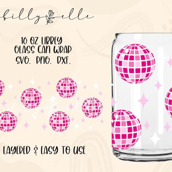 Disco Ball 16oz Libbey Glass Can SVG - Retro Pink Digital Download SVG Cricut Files - Aesthetic Disco Ball Wrap Template - 16oz Template