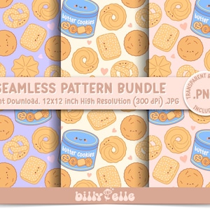 Puede incluir: Un paquete de patrones sin costuras con varios diseños de galletas, incluyendo pretzels, galletas redondas y galletas rectangulares, junto con una lata azul de "butter cookies". Los patrones están sobre fondos de color lila claro y crema. Se muestra el texto "SEAMLESS PATTERN BUNDLE".