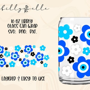 Evil Eye Flowers Libbey Glass Can Wrap - Retro Flowers Digital Download SVG Files For Cricut - Turkish Eye Wrap Template - 16oz Template