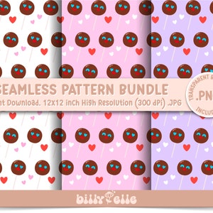 May include: A set of three digital seamless patterns featuring brown chocolate lollipops with winking eyes and red and white hearts on a white, pink, and purple background. The text "SEAMLESS PATTERN BUNDLE" is at the top of the image. The text "Instant Download. 12x12 inch High Resolution (300 dpi).JPG" is below the title. The text ".PNG INCLUDED" is in a circle with a transparent background.