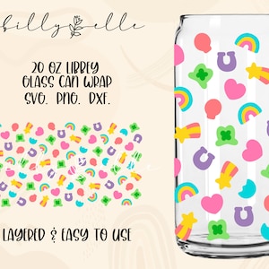 Lucky Charms 20oz Libbey Glass Can Wrap - Patrón colorido - Día de San Patricio Descarga digital SVG Files For Cricut - Plantilla de envoltura de cereales