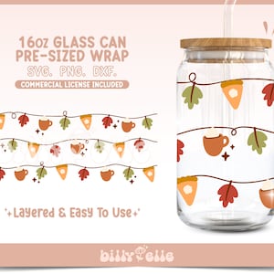 May include: A digital design for a 16oz glass can wrap featuring a garland of fall-themed elements, including leaves, pie slices, and mugs of hot beverages. The design is layered and easy to use. The text "16oz GLASS CAN PRE-SIZED WRAP SVG. PNG. DXF. COMMERCIAL LICENSE INCLUDED" is included in the image.