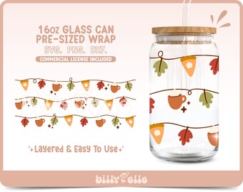 Thanksgiving Pumpkin Pie String Lights 16oz Libbey Glass Can Wrap - Autumn - Digital Download SVG Files For Cricut - Cozy Fall Pumpkin Latte