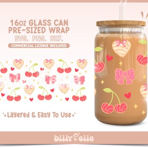 May include: A pre-sized wrap for a 16oz glass can featuring a pattern of pink bows, red cherries, and heart-shaped pastries with a yellow and brown design. The text "16oz GLASS CAN PRE-SIZED WRAP SVG. PNG. DXF. COMMERCIAL LICENSE INCLUDED +Layered & Easy To Use+ billy Pelle" is also included in the image.
