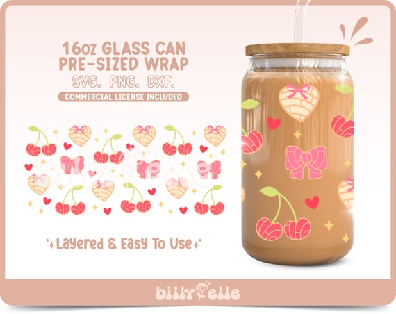 Coquette Conchas Hearts 16oz Libbey Glass Can Wrap SVG- Mexican Pan Dulce - Digital Download SVG Cricut files - Coquette bow lace cherries
