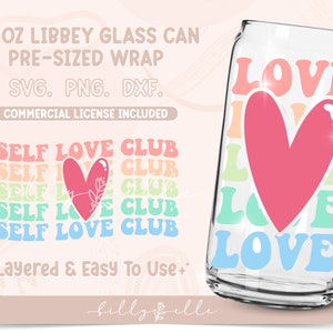 Self Love Club 20oz Libbey Glass Can Wrap - Retro Love pattern PNG Digital Download SVG Cricut - Silhouette - Self Love Colorful Beer Glass