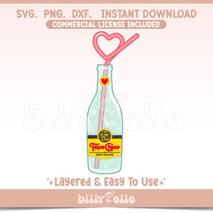 May include: A clear glass bottle with a pink heart-shaped straw and a yellow label that says "Topo Chico aqua mineral".