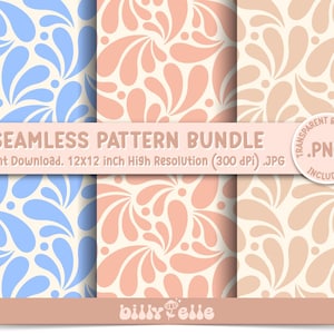 Puede incluir: Un paquete de patrones sin costuras con tres diseños diferentes. Cada diseño presenta un patrón repetitivo de formas de lágrima estilizadas en tonos azul, melocotón y beige. El texto "SEAMLESS PATTERN BUNDLE" se muestra en la imagen.